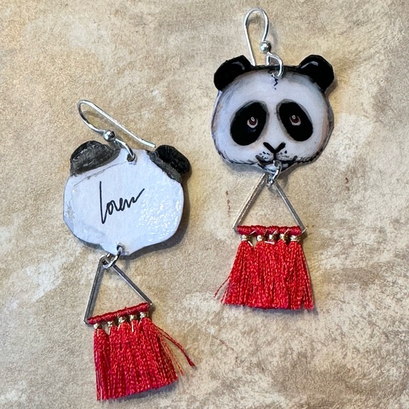 Giant Panda Bears earrings handpainted with red tassel OOAK - Picture 3 of 4